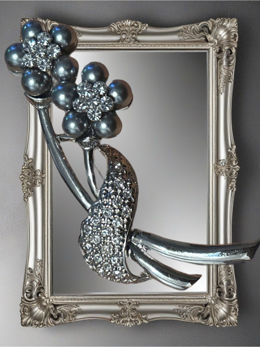 Silver tone Faux Pearl & Crystal Pin Brooch 3” length